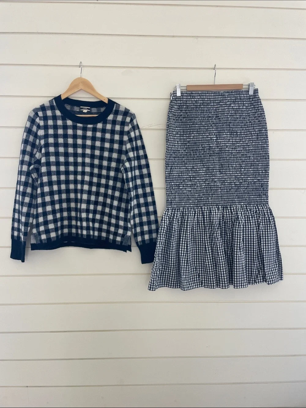 J.Crew Navy and White Gingham Pencil Skirt and Cashmere Sweater Set size M